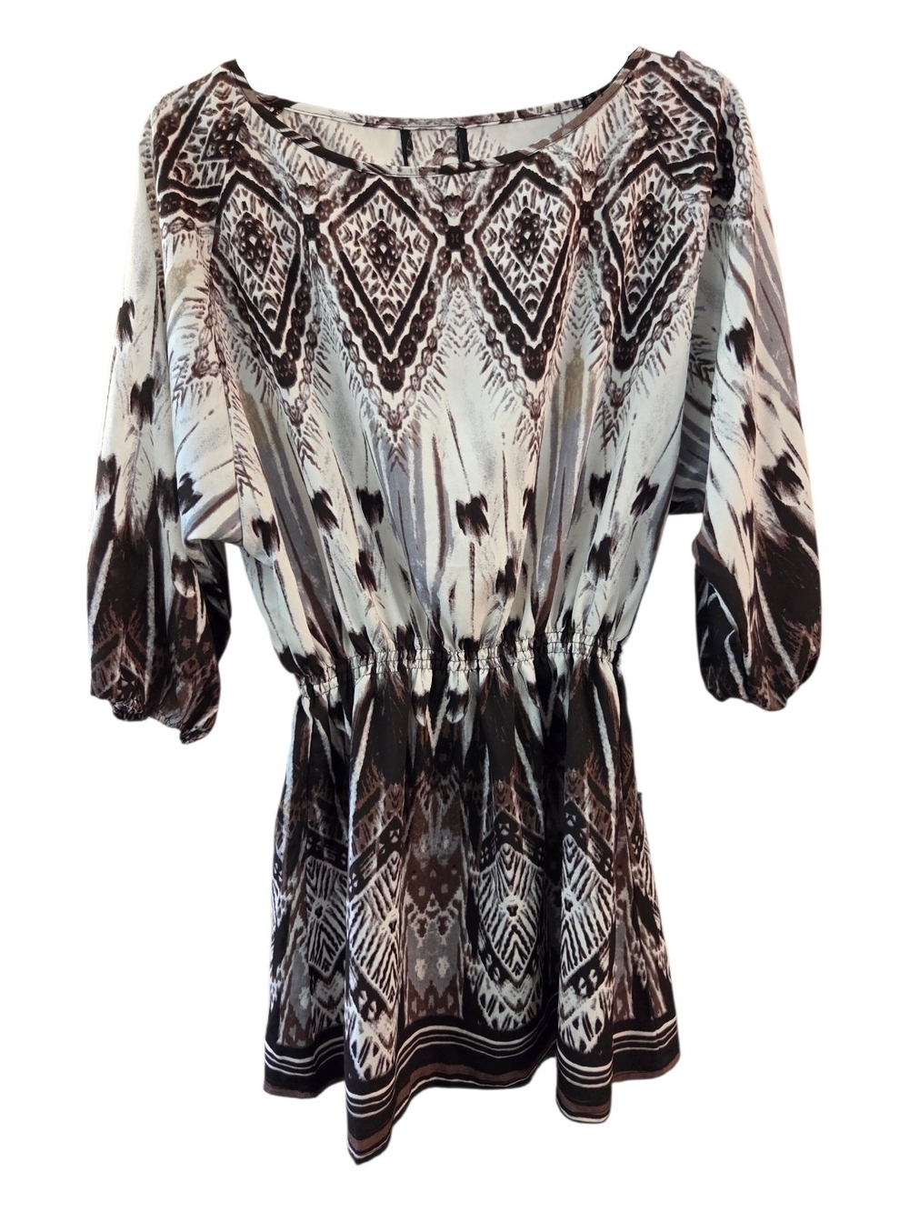 Angie Boho Tribal Patterned Brown and Cream Women’s Tunic - Size L - Picture 1 of 4